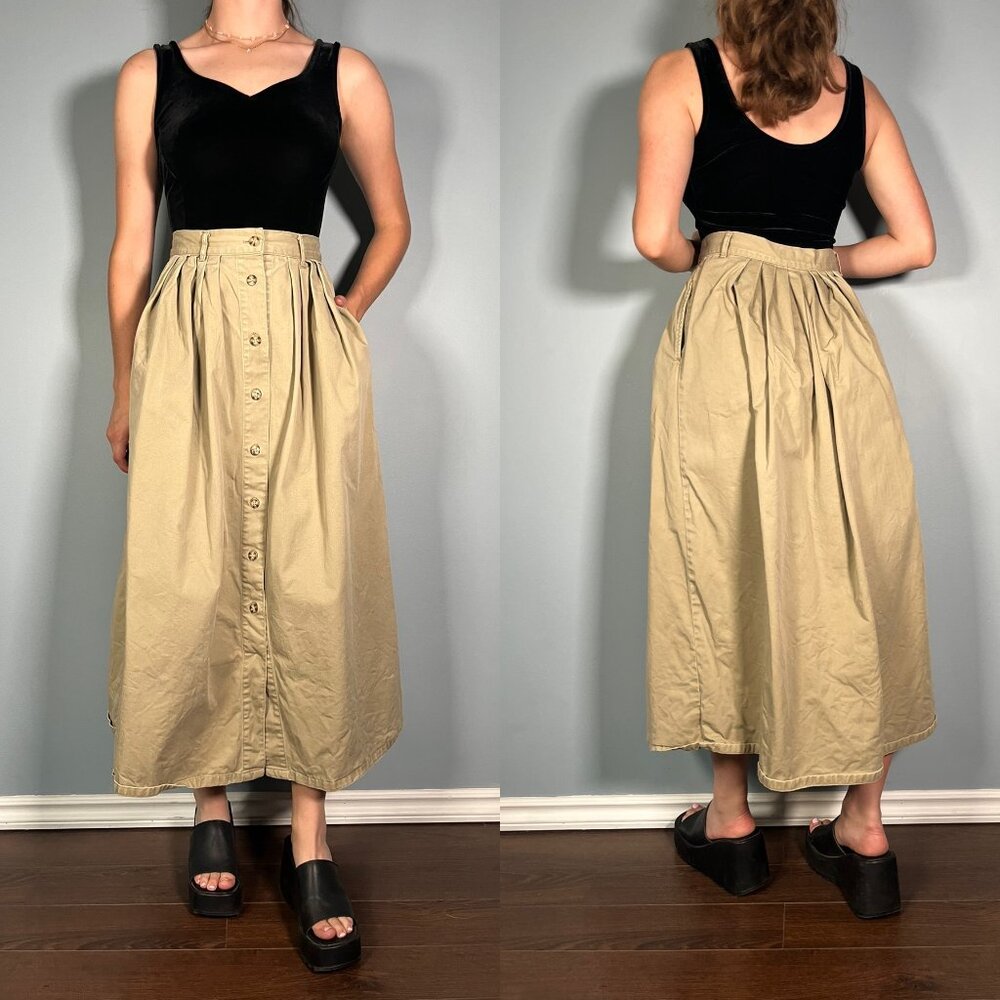 Vintage 90s Beige Skirt, 1990s Grey Full A-line Button Up Western Maxi Skirt
